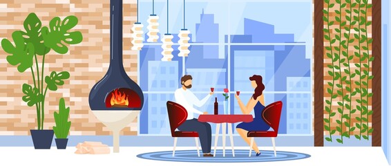 Firewood stove, woman together man romance, cook snack, street background, design, in cartoon style vector illustration.