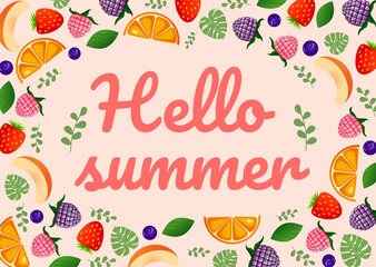 Hello summer lettering with raspberry, blackberry, strawberry, blueberry, peach, orange, monstera leaves and greenery. Vector cartoon elements of berries and fruits. Pink illustration postcard.