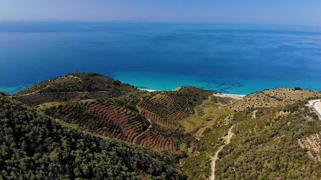 Aerial. Mountains, coast road at Llogara Pass, Llogara National Park, Albania.