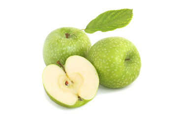 Two green apples and half with leaf isolated on white