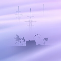 House on hill. Flock of birds flying above clouds. Transmission tower