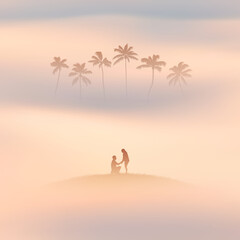 Lovers under palm trees. Romantic marriage proposal. Couple silhouette