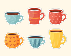 Set of cute cozy mug stickers. Hot drinks in cartoon style in different prints. Vector illustration isolated. Clip-art cups with tea and coffee
