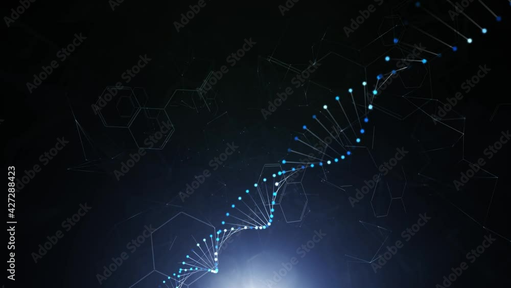 Poster artistic dna molecule rotating and abstract hexagonal chemical bonds. three-dimensional copy space a