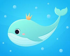 Cute cartoon whale underwater. Vector illustration of ocean animals. Fabulous underwater life.
