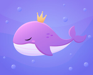 Vector illustration of a beautiful cute whale with a crown. Animal in the ocean in cartoon style. Sea world.
