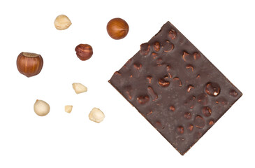 Chocolate with hazelnuts isolated on a white background . Top view. Flat lay