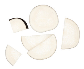 Black radish slices isolated on a white background, top view