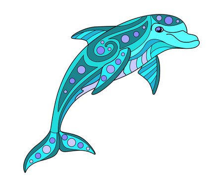 Bottle-nosed dolphin - vector linear color illustration. Jumping Dolphin - multicolored stained glass or batik. Picture for printing on glass and other transparent materials. Sea mosaic