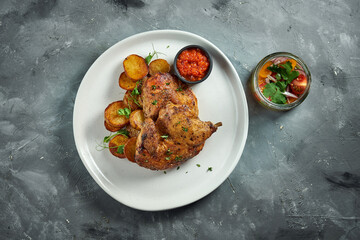 Georgian cuisine dish chicken tapaka or tabaka on a plate, on wooden background. Grilled chicken. close up