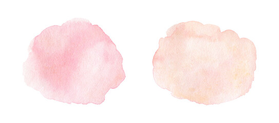 Set of watercolor stains in pastel shades. Muted pink and peach colors. Nude abstract spots isolated on white background. Perfect for the design of cards, covers, invitations, decorations.
