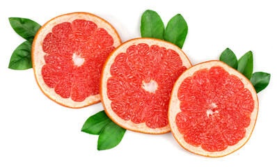 Slices of grapefruit isolated on white, flat lay, top view