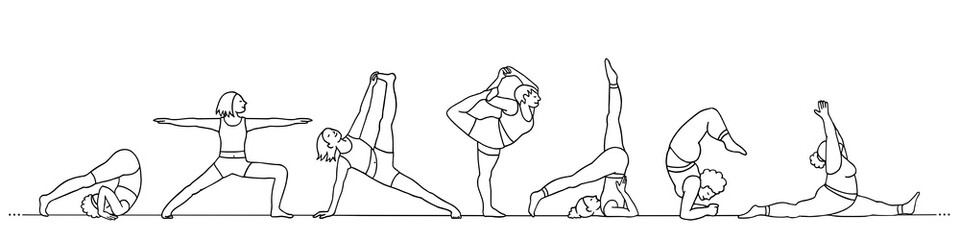 Hand drawn banner of diverse young women practicing various yoga asanas