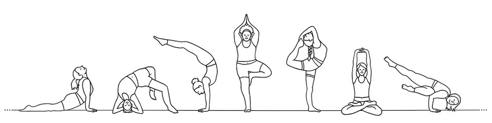 Hand drawn banner of diverse young women practicing various yoga asanas - 427290276