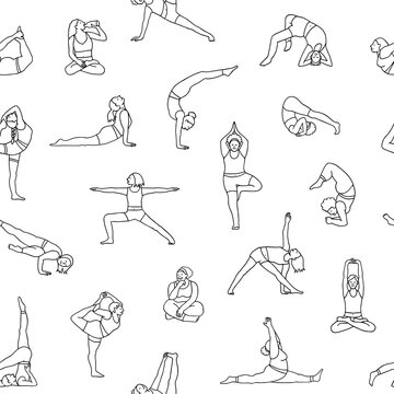 Hand drawn seamless pattern of diverse young women practicing yoga asanas