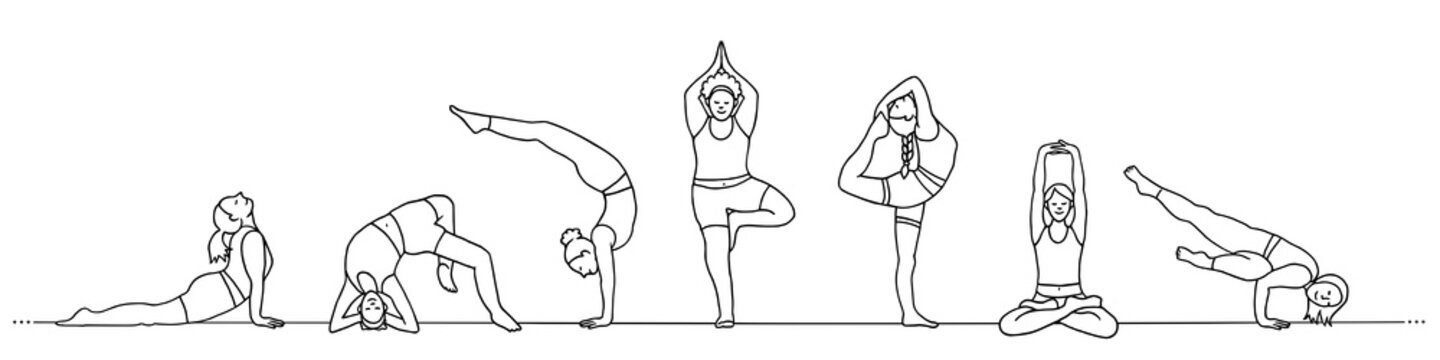 Hand drawn banner of diverse young women practicing various yoga asanas