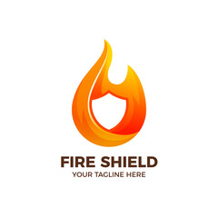 3d Fire Flame Shield in Gradient Color Logo Template