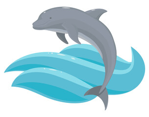 Dolphin jumping out of sea water on a white background, isolated. Vector illustration.