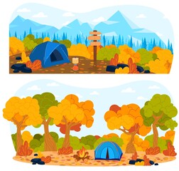 Autumn tourism, tent nature, forest landscape, outdoor travel, camp vacation, design, in style cartoon vector illustration.