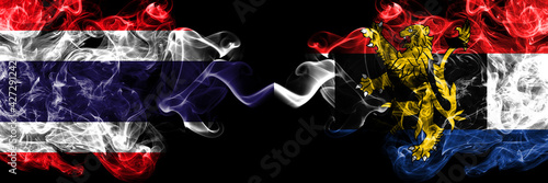 Thailand, Thai vs Benelux smoky mystic flags placed side by side. Thick colored silky abstract smokes flags.