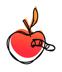 Vector illustration of apple with worm in one line endless style. Red and orange abstract spot background. Can be applied as a sticker, icon, logo.