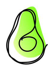 Vector illustration of avocado in one line endless style. Green and light green abstract spot background. Can be applied as a sticker, icon, logo.