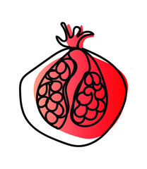 Vector illustration of pomegranate in one line endless style. Red and light red abstract spot background. Can be applied as a sticker, icon, logo.