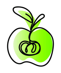 Vector illustration of apple in one line endless style. Green and light green abstract spot background. Can be applied as a sticker, icon, logo.