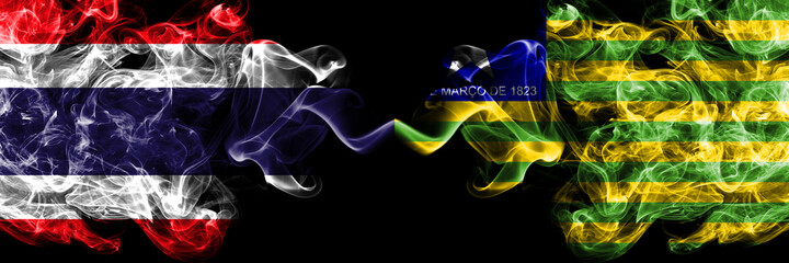 Thailand, Thai vs Brazil, Brazilian, Piaui smoky mystic flags placed side by side. Thick colored silky abstract smokes flags.