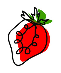 Vector illustration of strawberry in one line endless style. Green and red abstract spot background. Can be applied as a sticker, icon, logo.