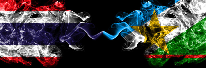 Thailand, Thai vs Brazil, Brazilian, Roraima smoky mystic flags placed side by side. Thick colored silky abstract smokes flags.