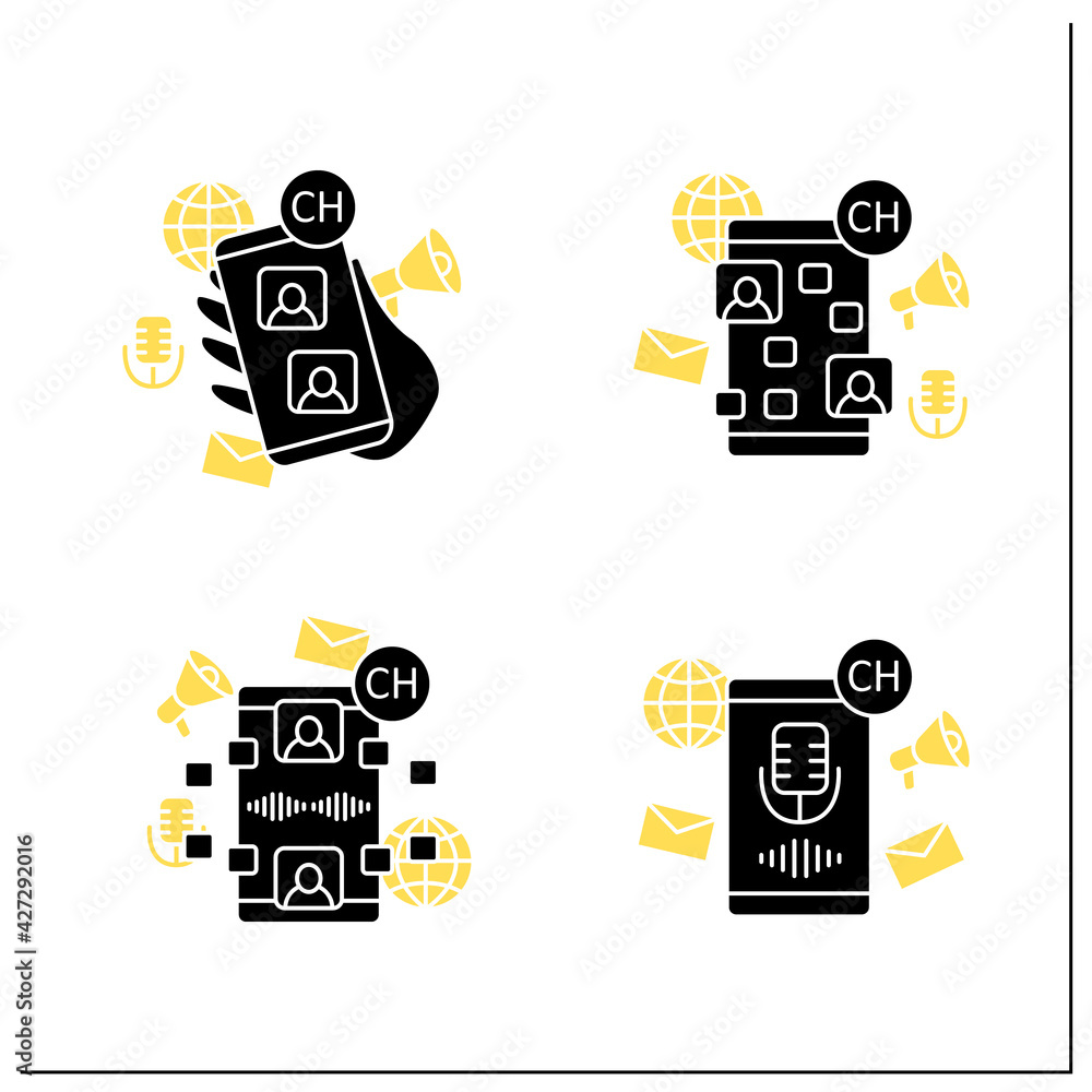 Poster drop in audio glyph icons set. communication application with friends.voice messaging, chat. voice c