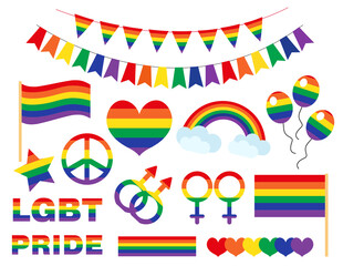 PRIDE LGBTQ icon set flat style. LGBT Pride Month collection of symbols. Heart, Rainbow, Gender, Bisexual, Gay, Lesbian, Flag, Love. Vector illustration