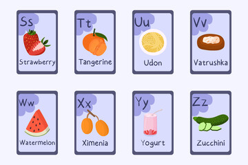 Colorful alphabet Letter S, T, U, V, W, X, Y, Z - strawberry, tangerine, udon, vatrushka, watermelon, ximenia, yogurt, zucchini.