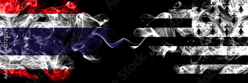 Thailand, Thai vs Brittany, Bretagne, Bretons smoky mystic flags placed side by side. Thick colored silky abstract smokes flags.