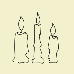 Burning wax candles isolated on old paper background. Continuous line drawing. Print for clothes and logo design.
