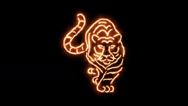 Chinese Zodiac Tiger 2022 Year. Tiger outline of burning flames and neon lights.