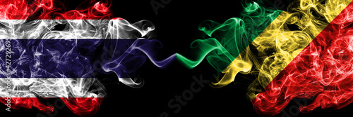 Thailand, Thai vs Congo, Congolese smoky mystic flags placed side by side. Thick colored silky abstract smokes flags.