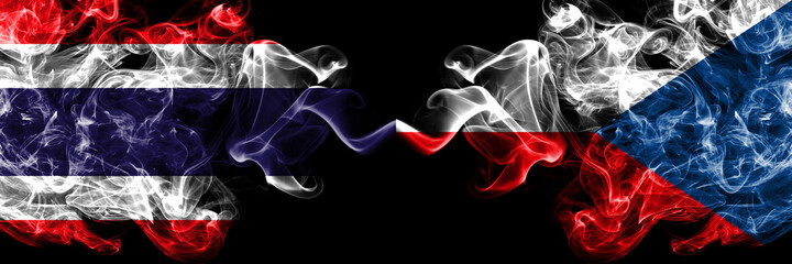 Thailand, Thai vs Czech Republic smoky mystic flags placed side by side. Thick colored silky abstract smokes flags.