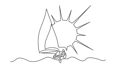 Sailing boat on wave of sea with Sun. Continuous one line drawing