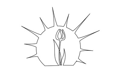 Sun and flower tulip plant. Continuous one line drawing.