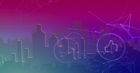 Animation of digital social media icons over cityscape - Powered by Adobe