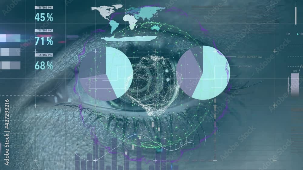 Poster animation of statistics and data processing over woman's eye in background