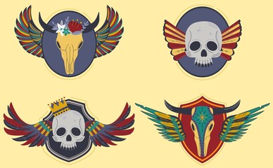 Wing skull banner, art symbol, emblem skull sign, modern decoration adornment, design, in cartoon style vector illustration.