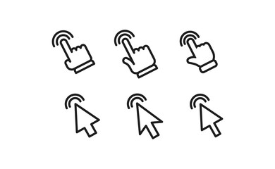 Arrow and hands click icons. Pointer vectors clicking.