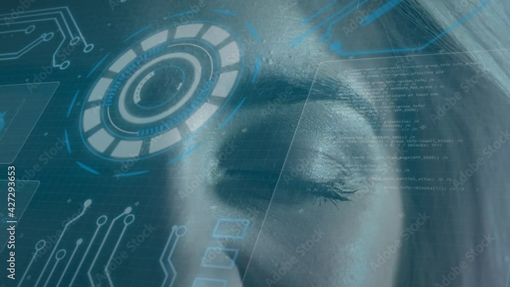Aufkleber animation of scope scanning and data processing over woman's face in background