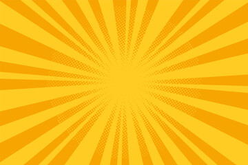 Pop art halftone background. Comic starburst pattern. Yellow banner with dots and rays. Cartoon retro sunburst effect. Vintage duotone texture. Vector illustration. Superhero wow banner.