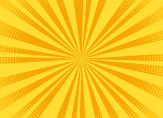 Pop art background. Halftone comic pattern. Cartoon starburst effect. Yellow sunburst banner with dots and rays. Vintage duotone texture. Superhero banner. Gradient wow design. Vector illustration.