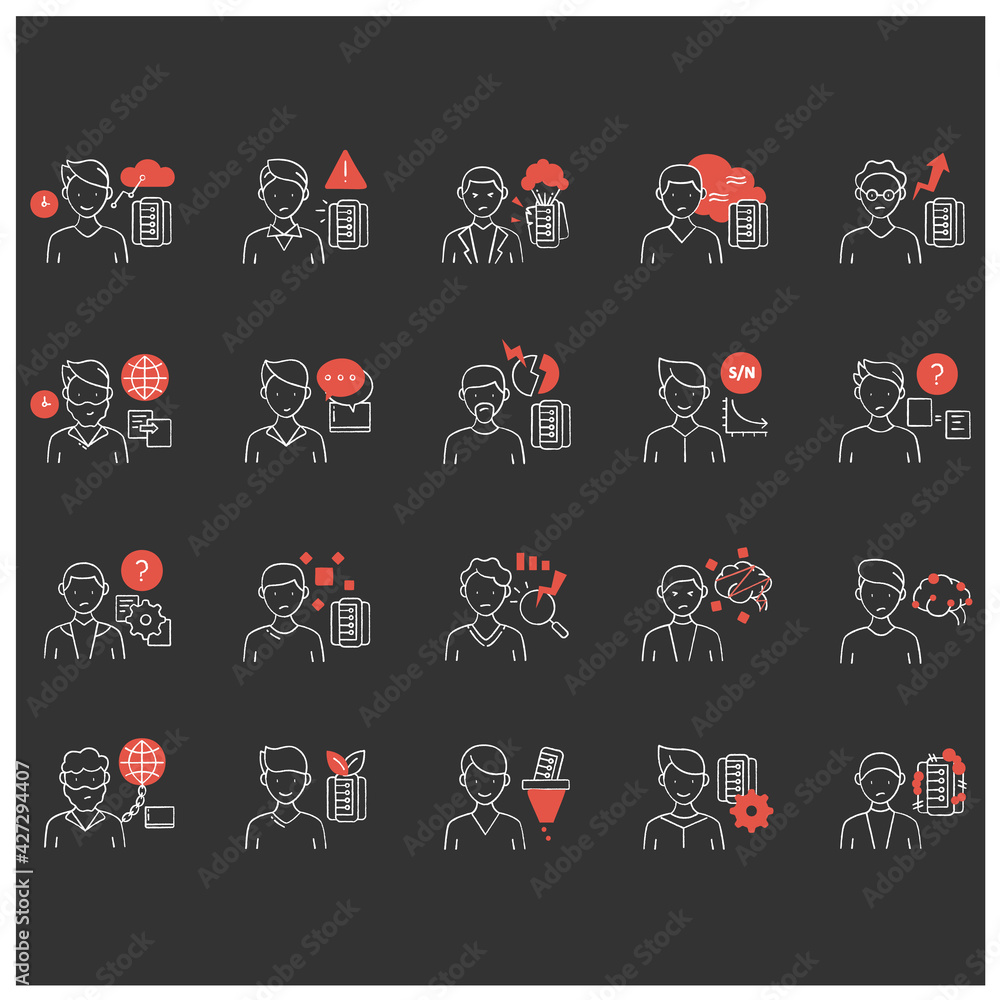 Poster information overload chalk icons set. consists of information age, data smog, info pollution and eco