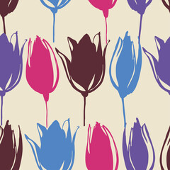 Spring tulip flowers stems seamless pattern in bright colors